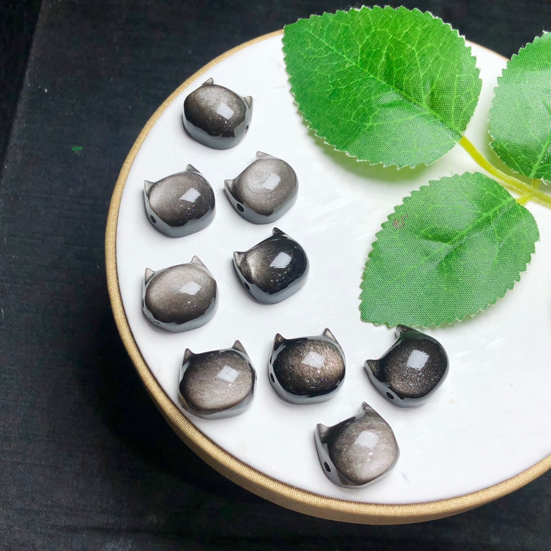 Natural Silver Sheen Obsidian Cat Head Beads