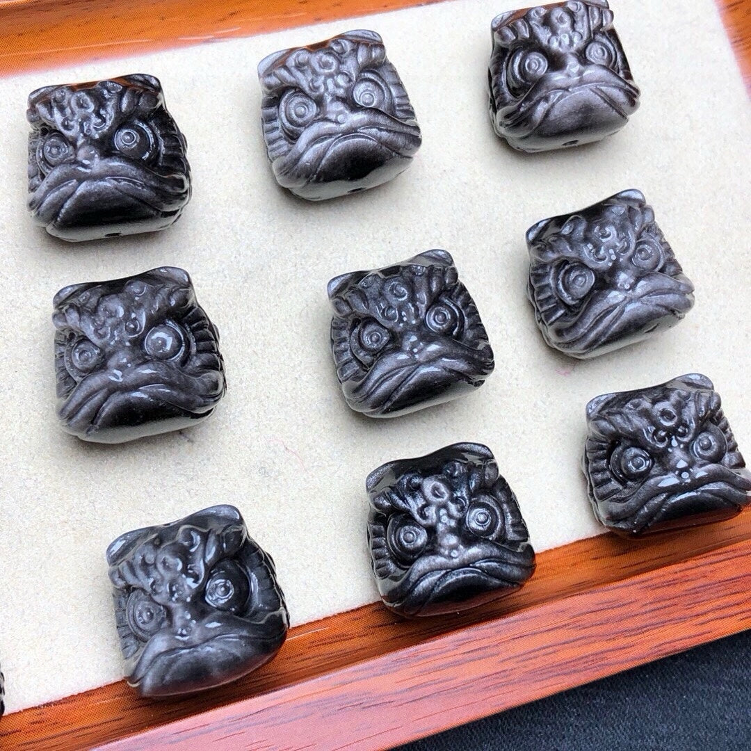 Natural Silver Sheen Obsidian Lion Head Beads