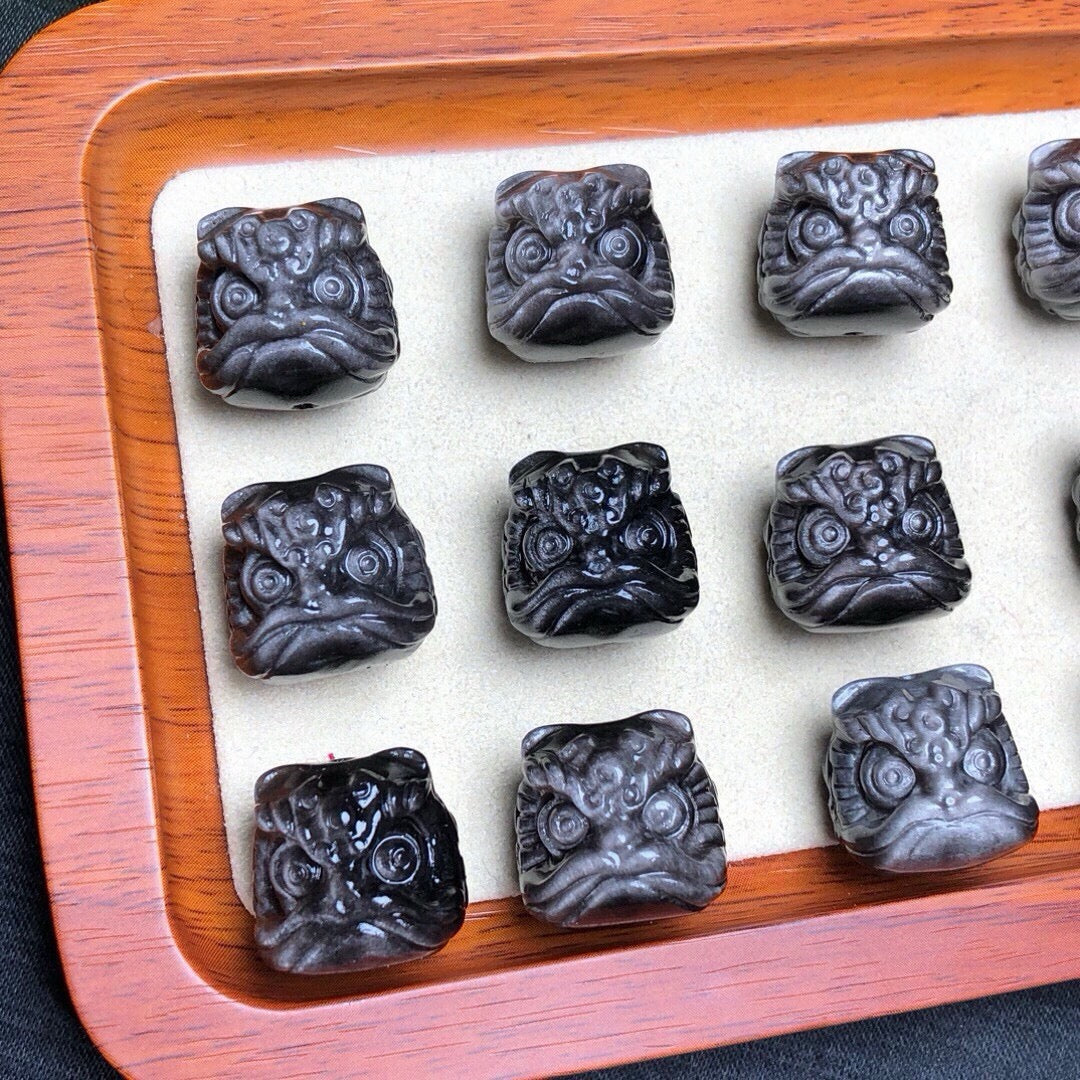 Natural Silver Sheen Obsidian Lion Head Beads
