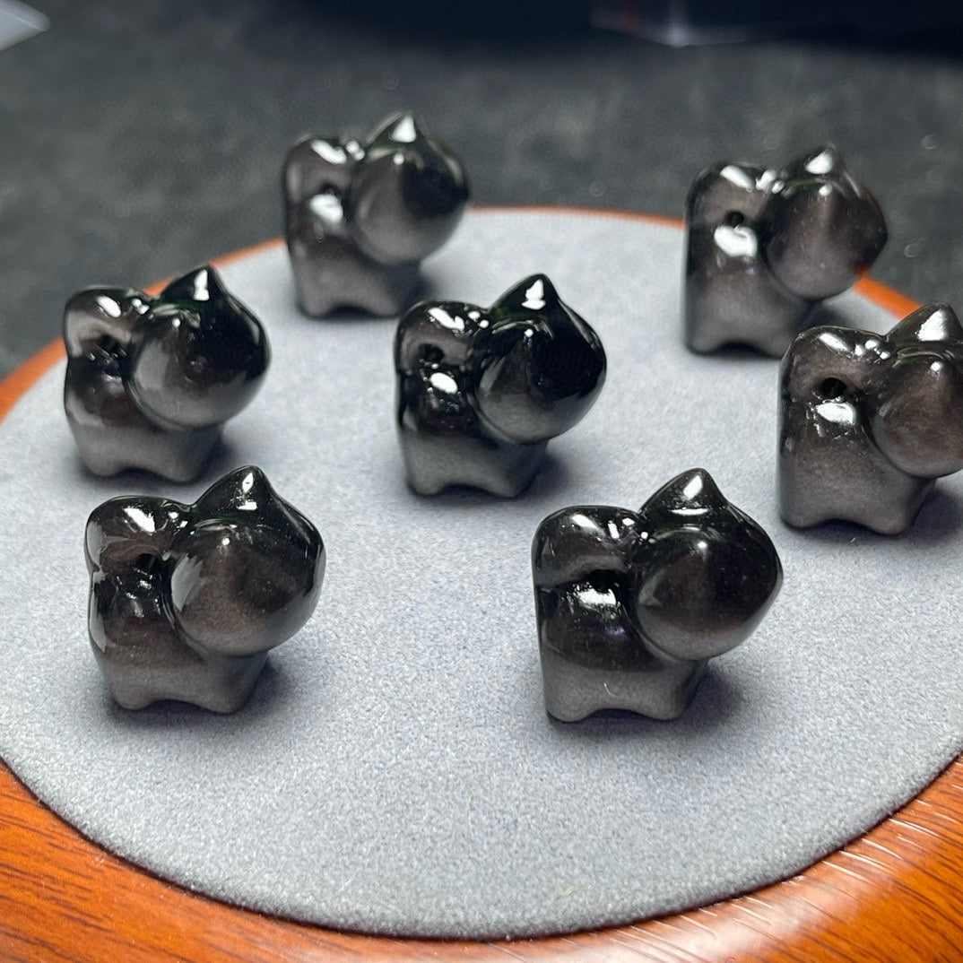Silver Sheen Obsidian Standing Cat Beads