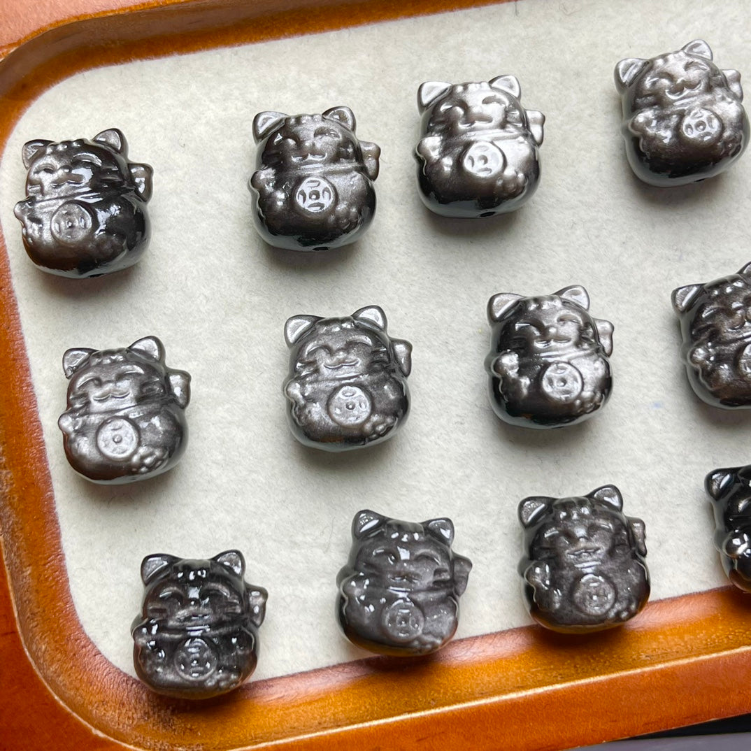 Natural Silver Sheen Obsidian Fortune Cat Beads