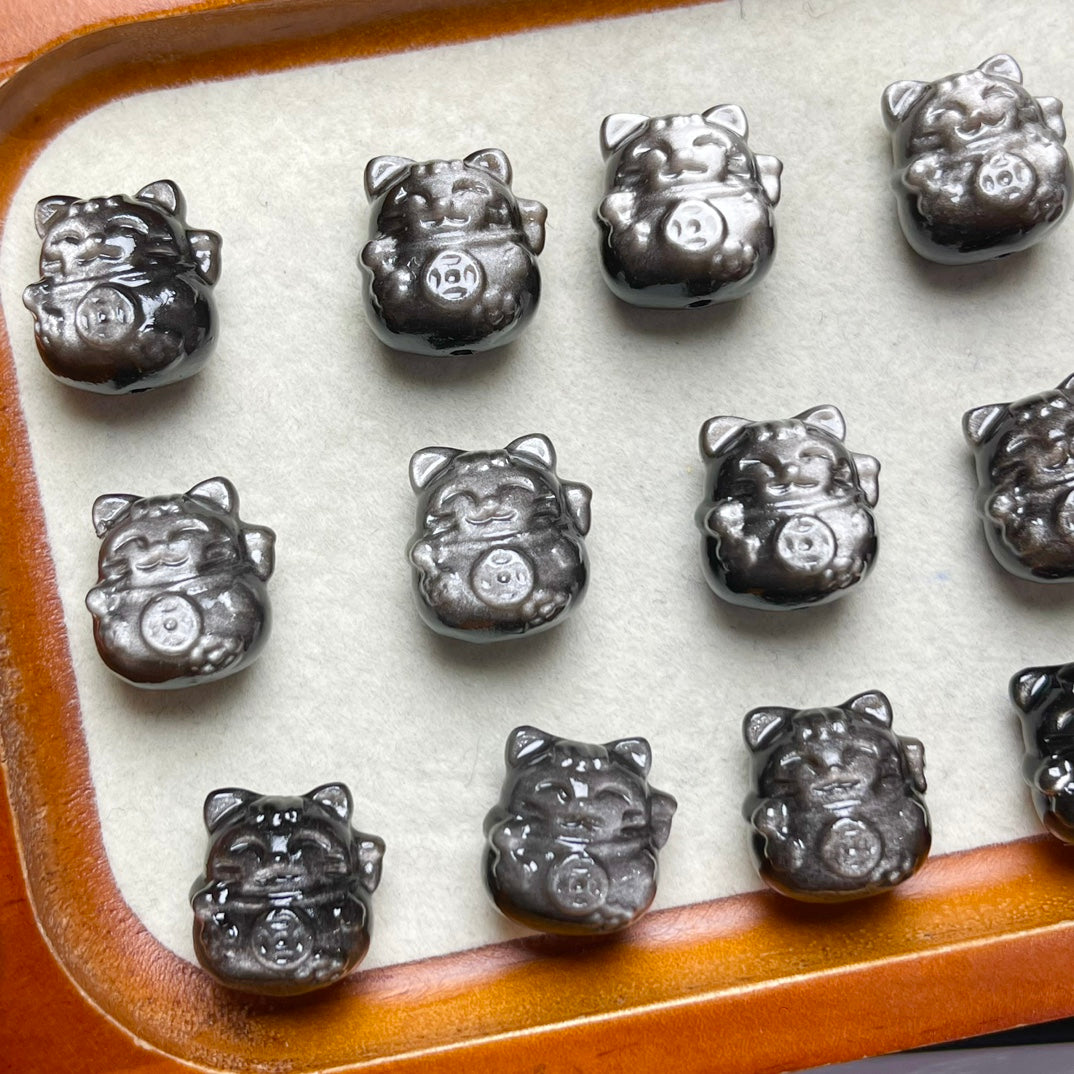 Natural Silver Sheen Obsidian Fortune Cat Beads