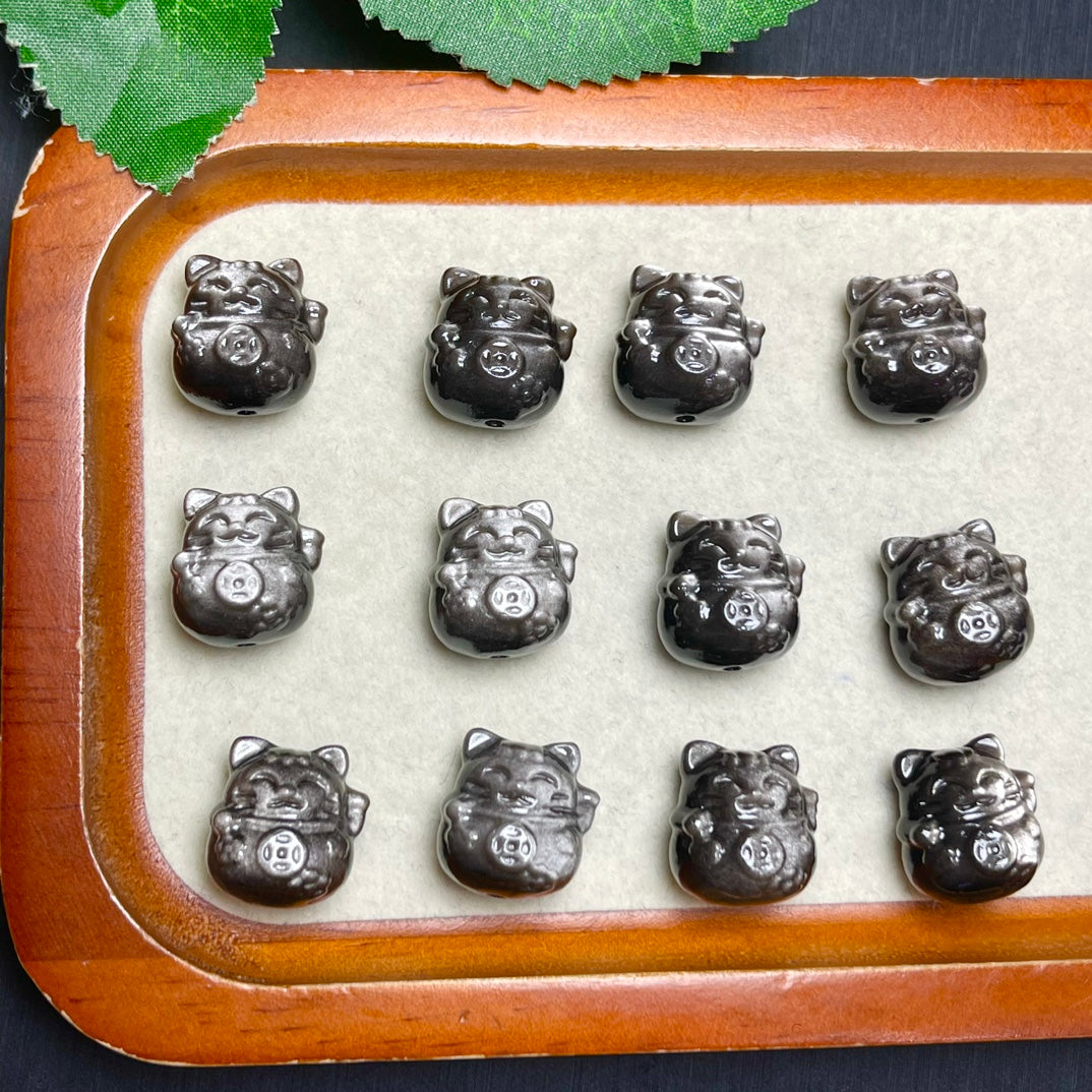 Natural Silver Sheen Obsidian Fortune Cat Beads