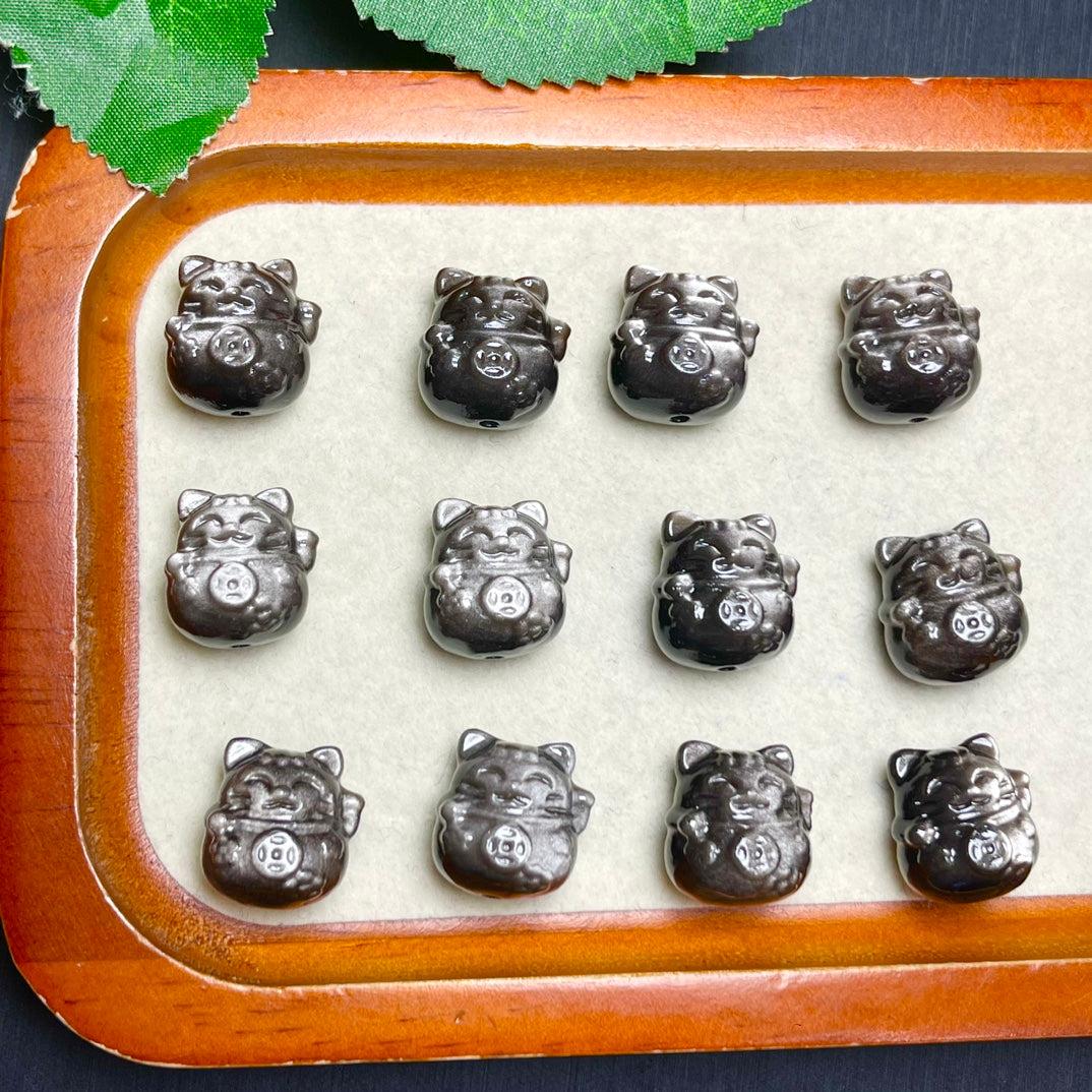 Natural Silver Sheen Obsidian Fortune Cat Beads