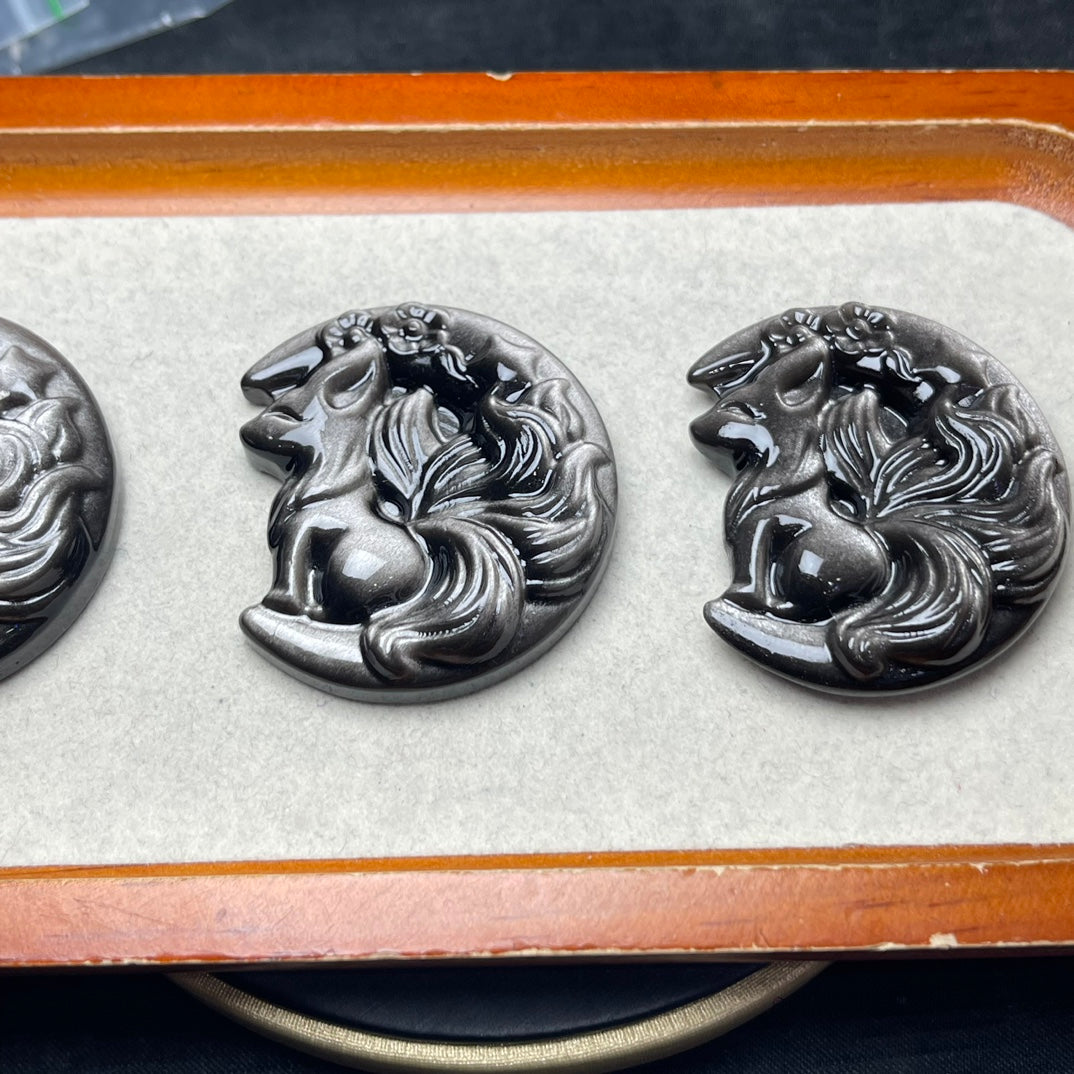 Natural Silver Sheen Obsidian Fox on Moon Beads
