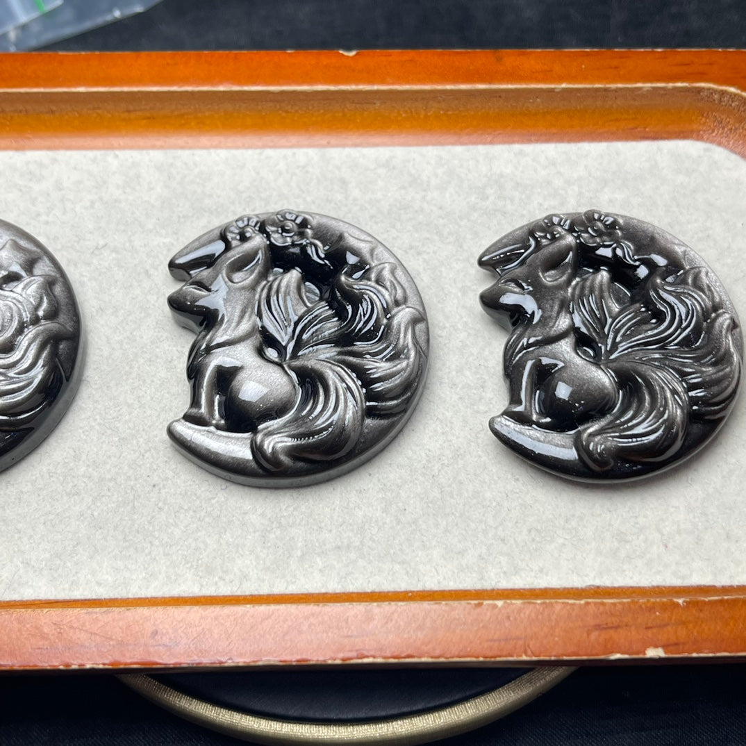 Natural Silver Sheen Obsidian Fox on Moon Beads
