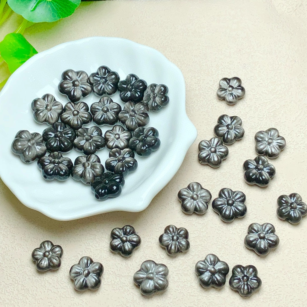 Silver Sheen Obsidian Flower Beads
