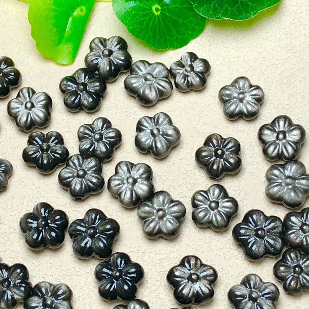 Silver Sheen Obsidian Flower Beads
