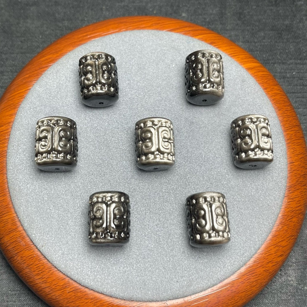 Natural Silver Sheen Obsidian Carved Barrel Beads
