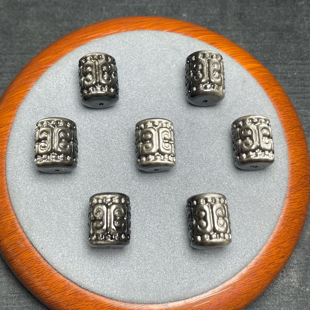 Natural Silver Sheen Obsidian Carved Barrel Beads