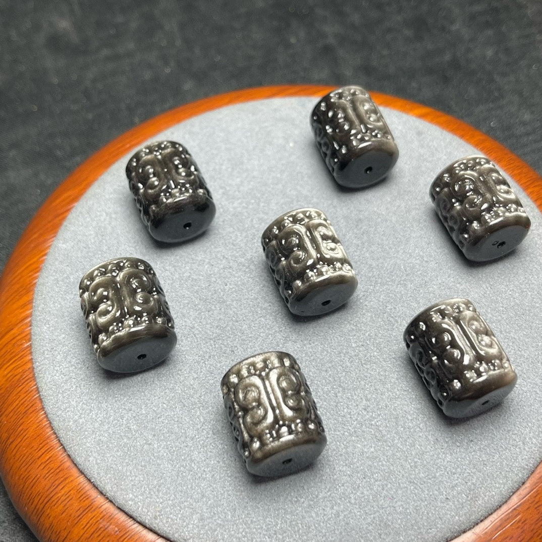 Natural Silver Sheen Obsidian Carved Barrel Beads