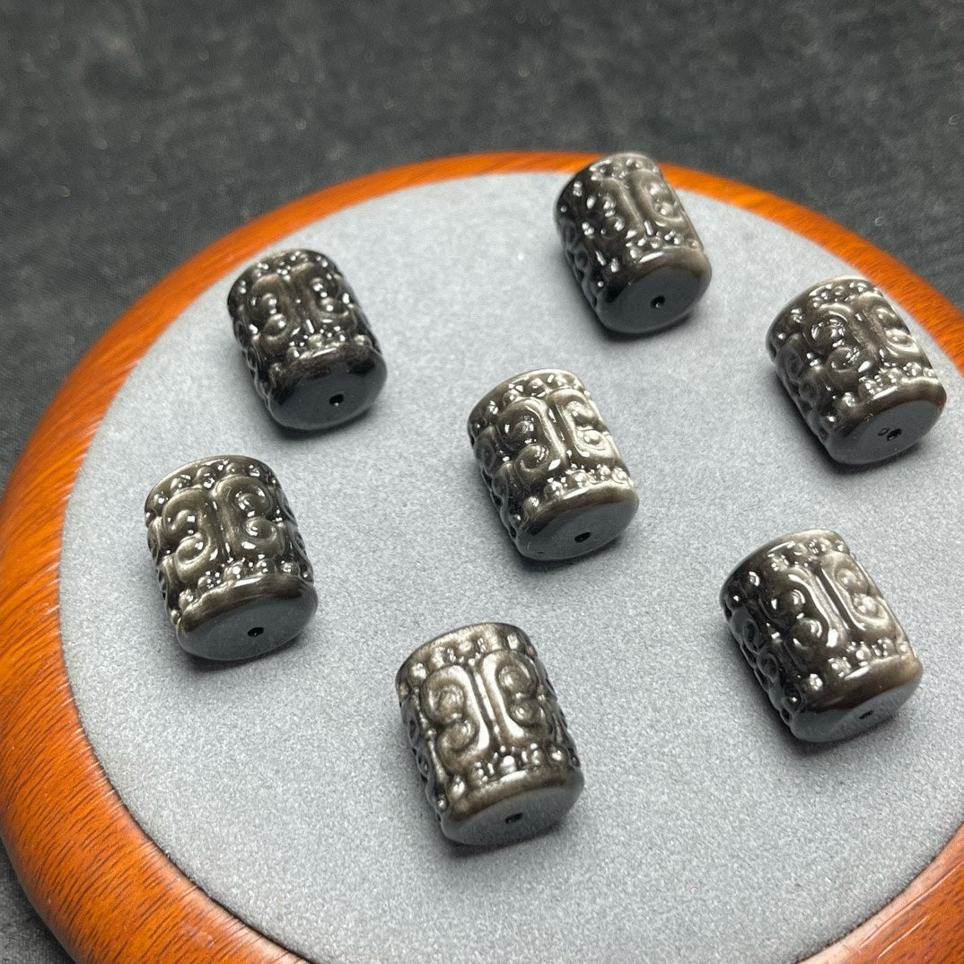 Natural Silver Sheen Obsidian Carved Barrel Beads