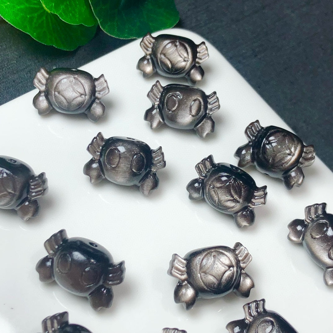 Natural Silver Sheen Obsidian Crab Beads