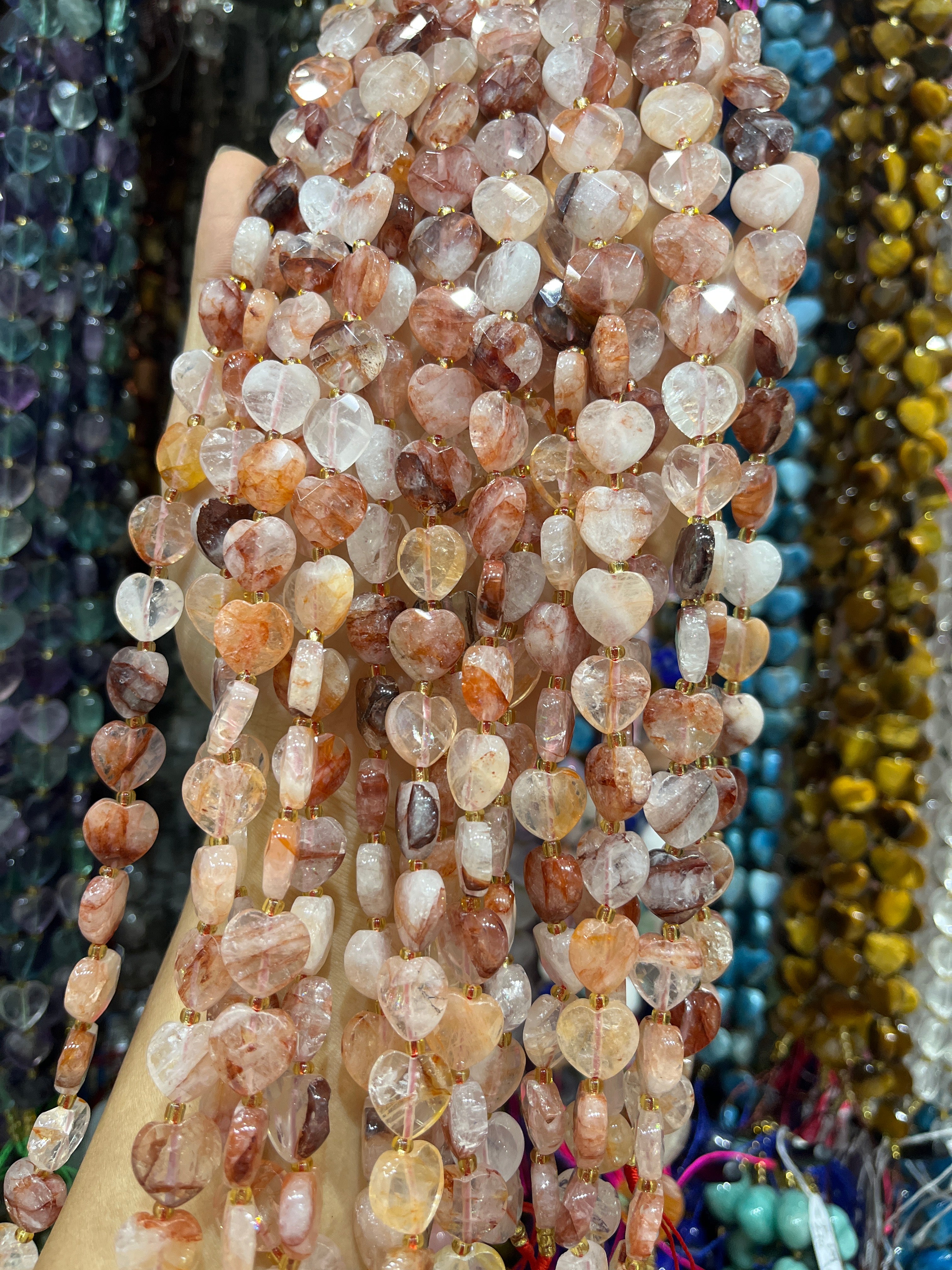 12mm fire quartz faceted heart beads strand