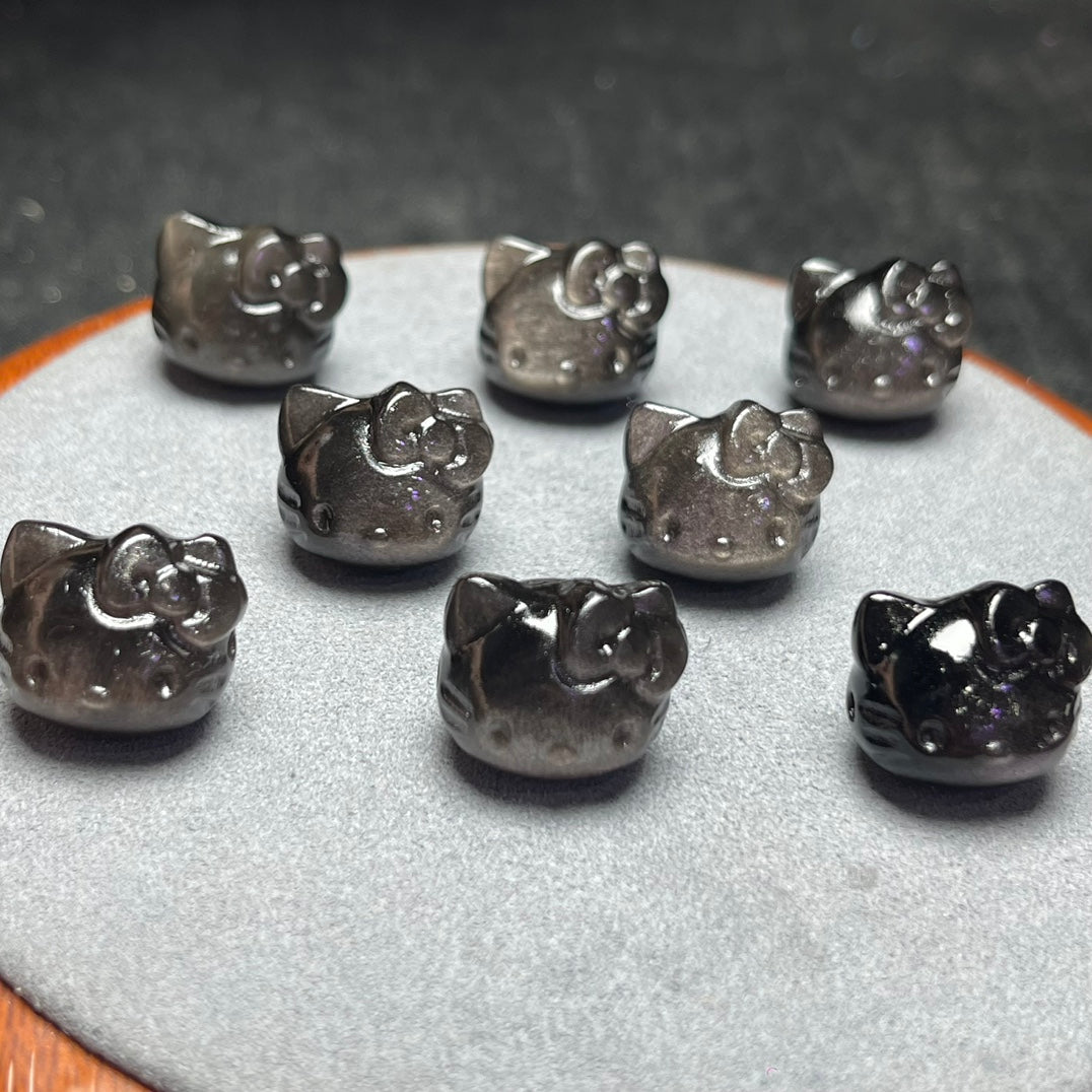 Silver Sheen Obsidian Hello Kitty Head Beads