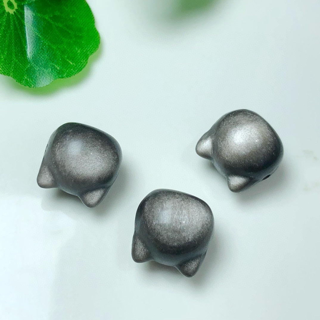 Natural Silver Sheen Obsidian Cat Head Beads