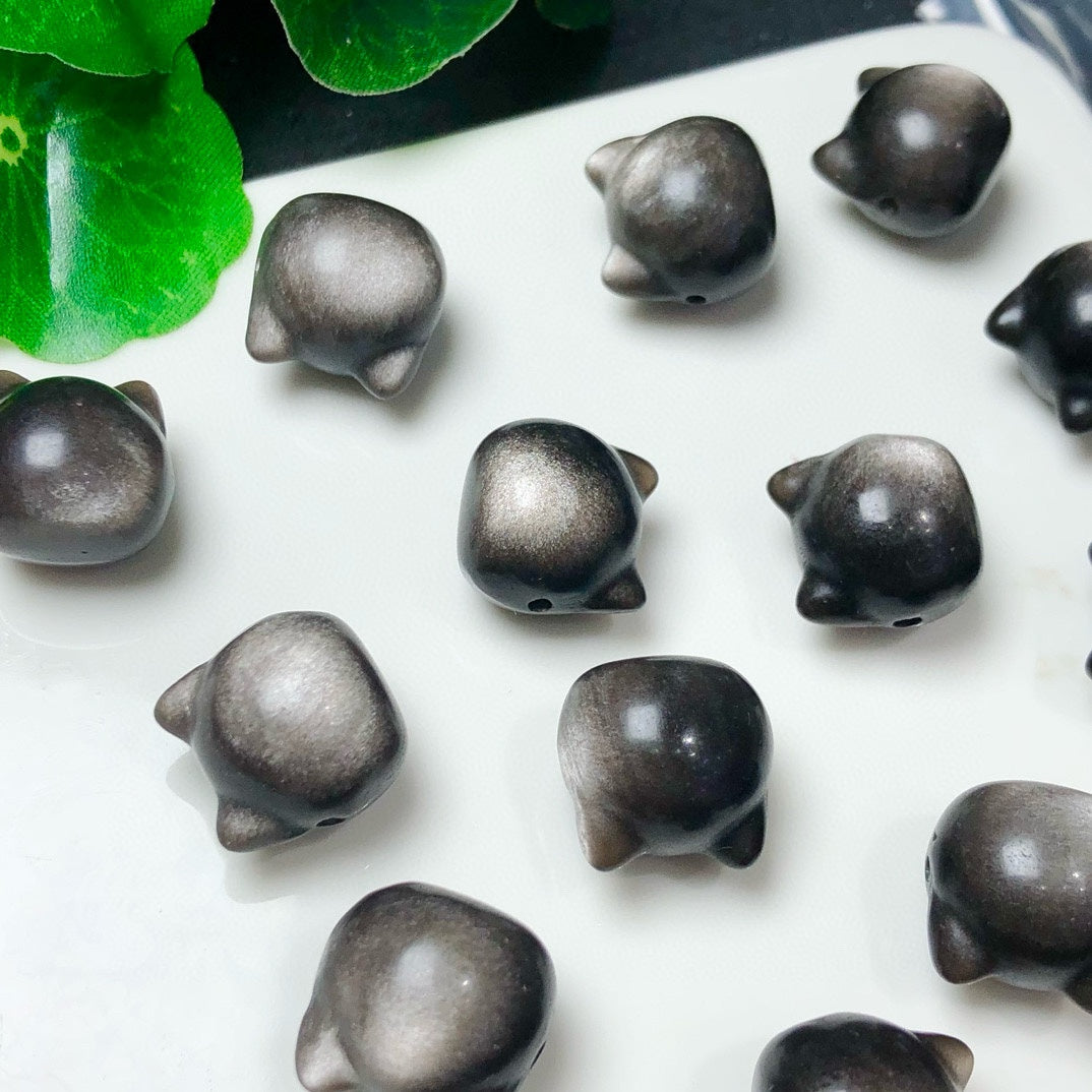Natural Silver Sheen Obsidian Cat Head Beads