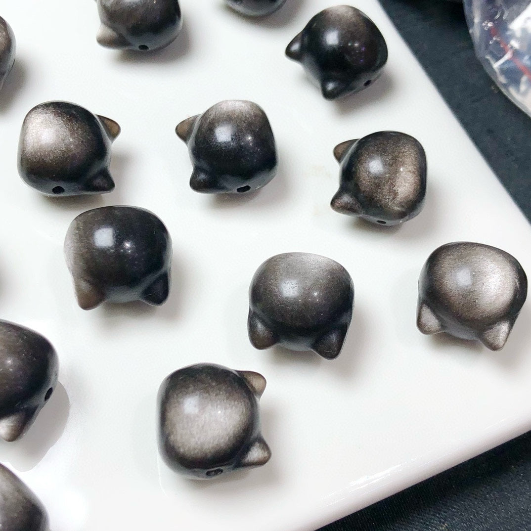 Natural Silver Sheen Obsidian Cat Head Beads