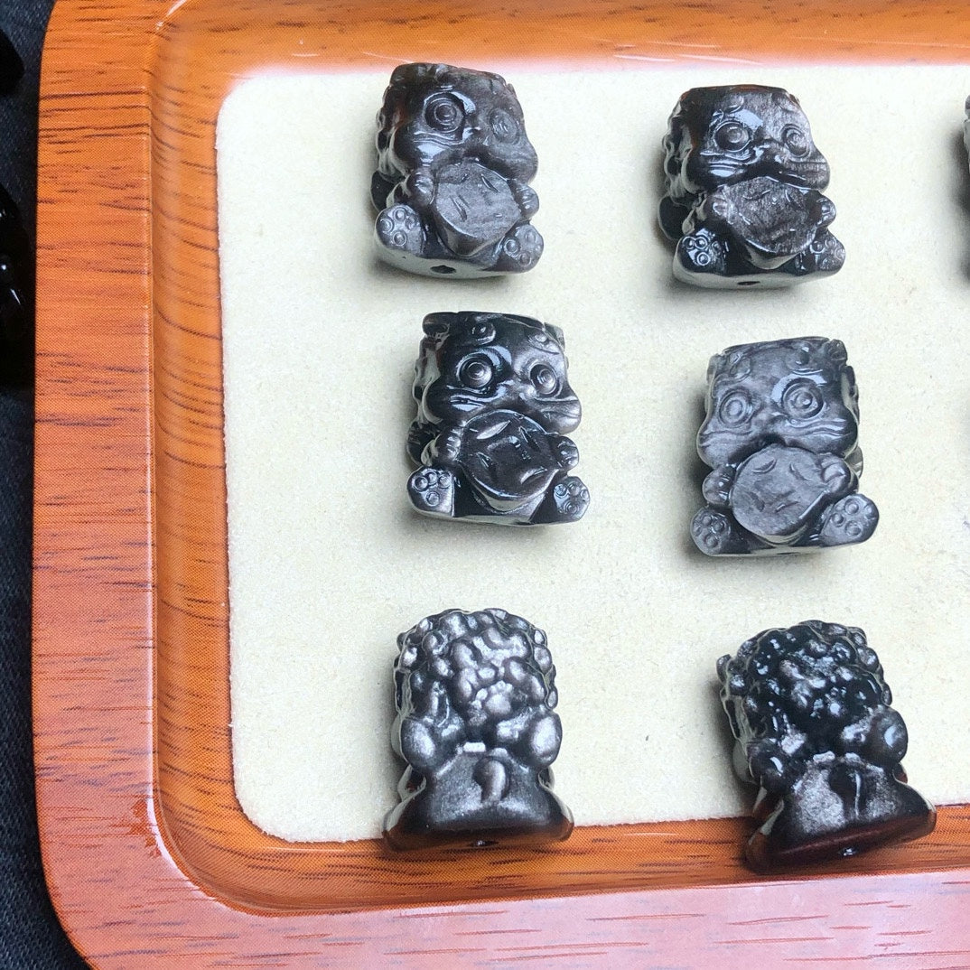 Silver Sheen Obsidian Money Lion Beads