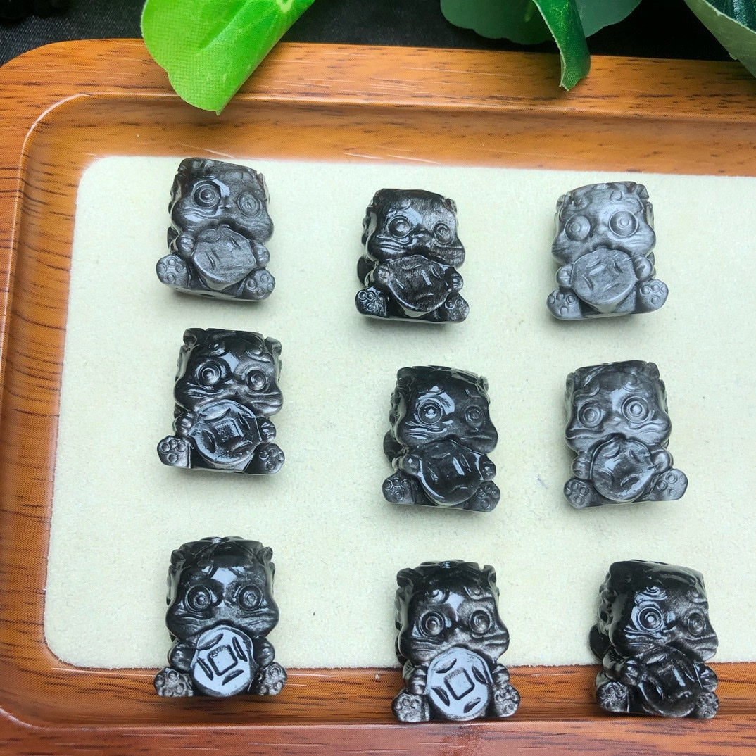 Silver Sheen Obsidian Money Lion Beads