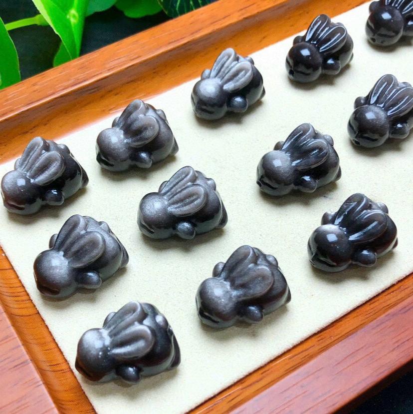 Silver Sheen Obsidian Crouching Rabbit Beads