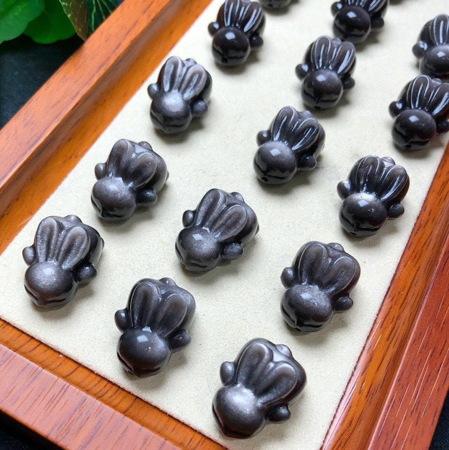 Silver Sheen Obsidian Crouching Rabbit Beads