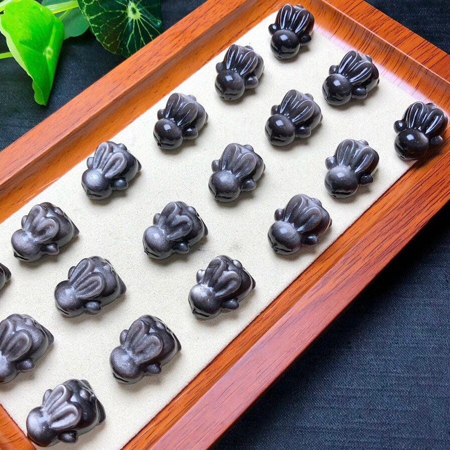 Silver Sheen Obsidian Crouching Rabbit Beads