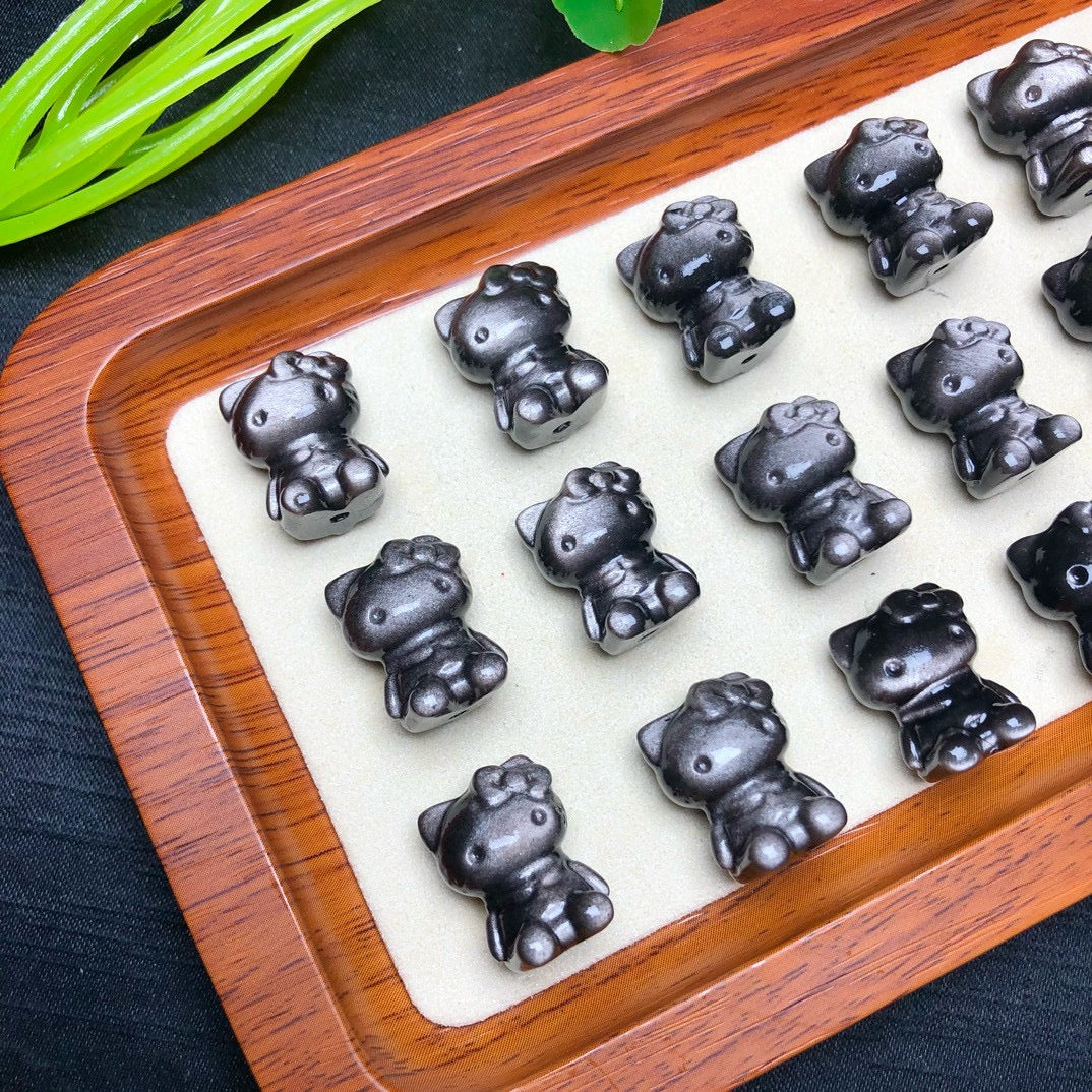 Silver Sheen Obsidian Hello Kitty Beads