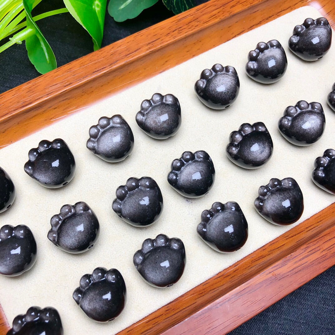 Silver Sheen Obsidian Cat Paw Beads
