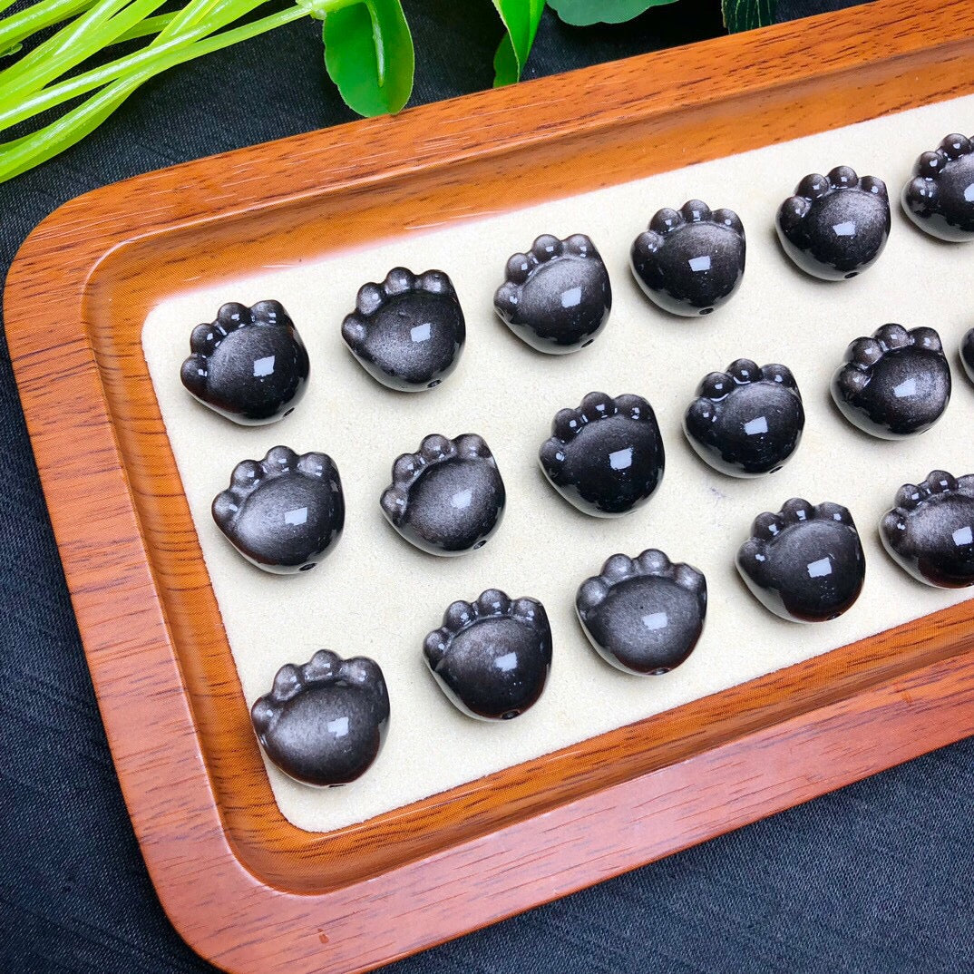 Silver Sheen Obsidian Cat Paw Beads