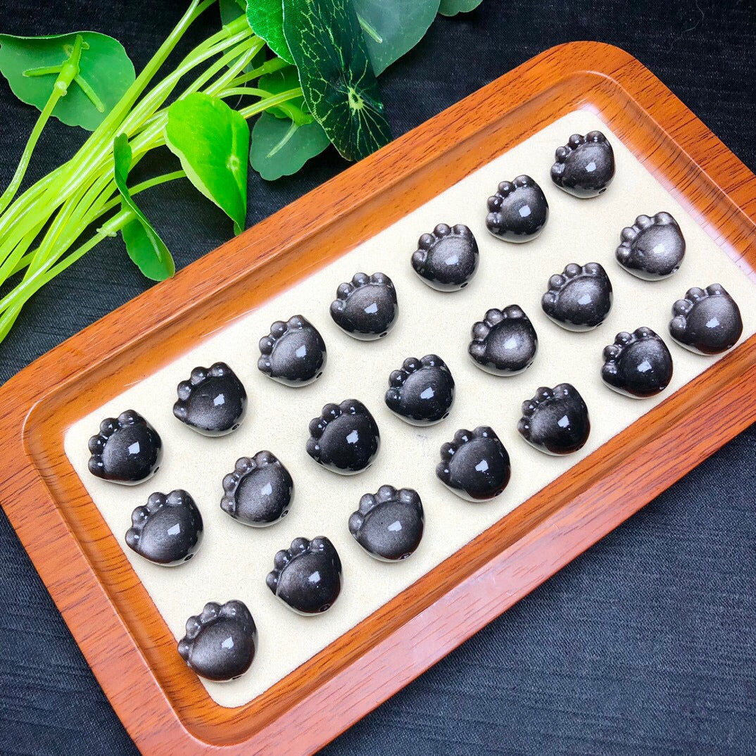 Silver Sheen Obsidian Cat Paw Beads