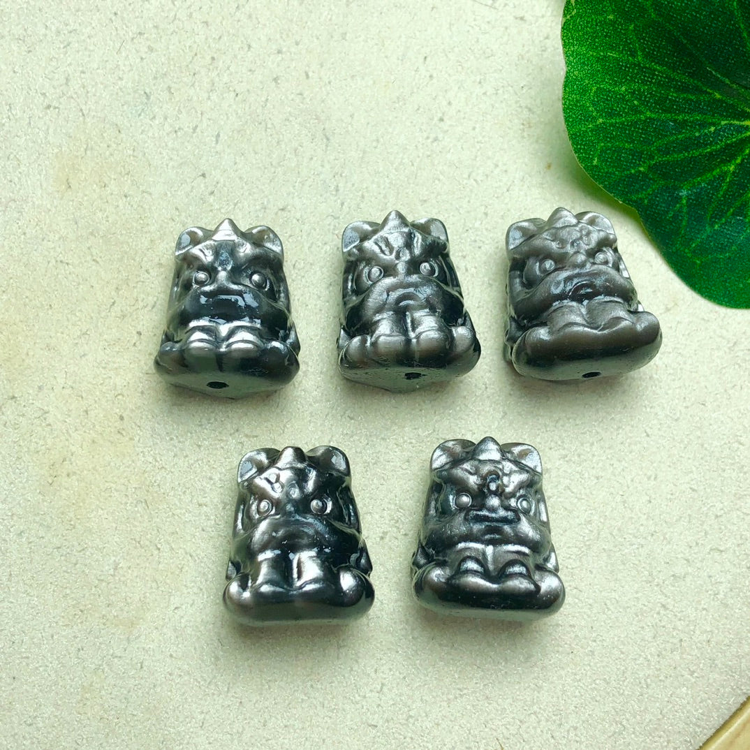 Silver Sheen Obsidian Dancing Lion Beads