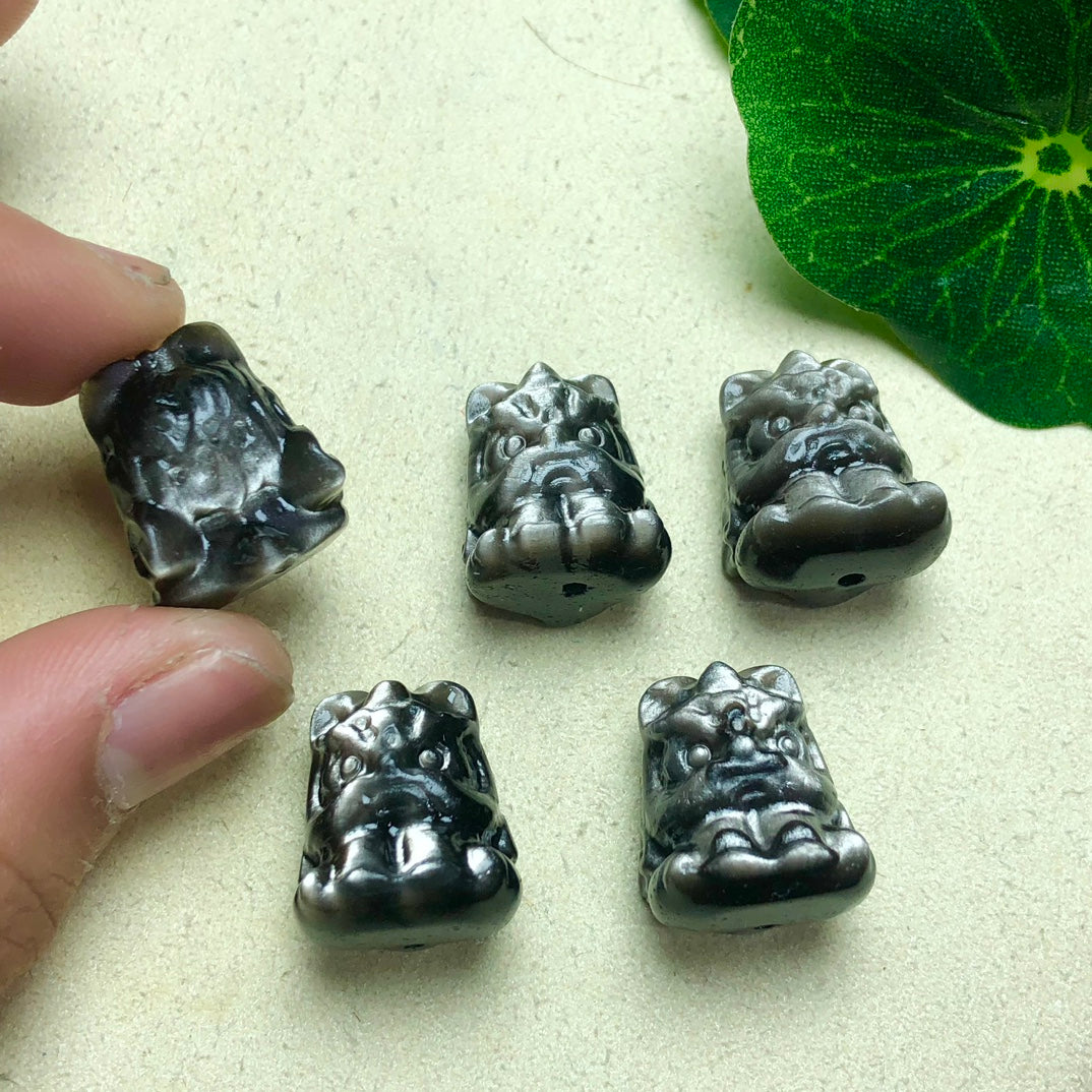 Silver Sheen Obsidian Dancing Lion Beads