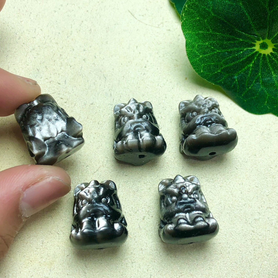 Silver Sheen Obsidian Dancing Lion Beads