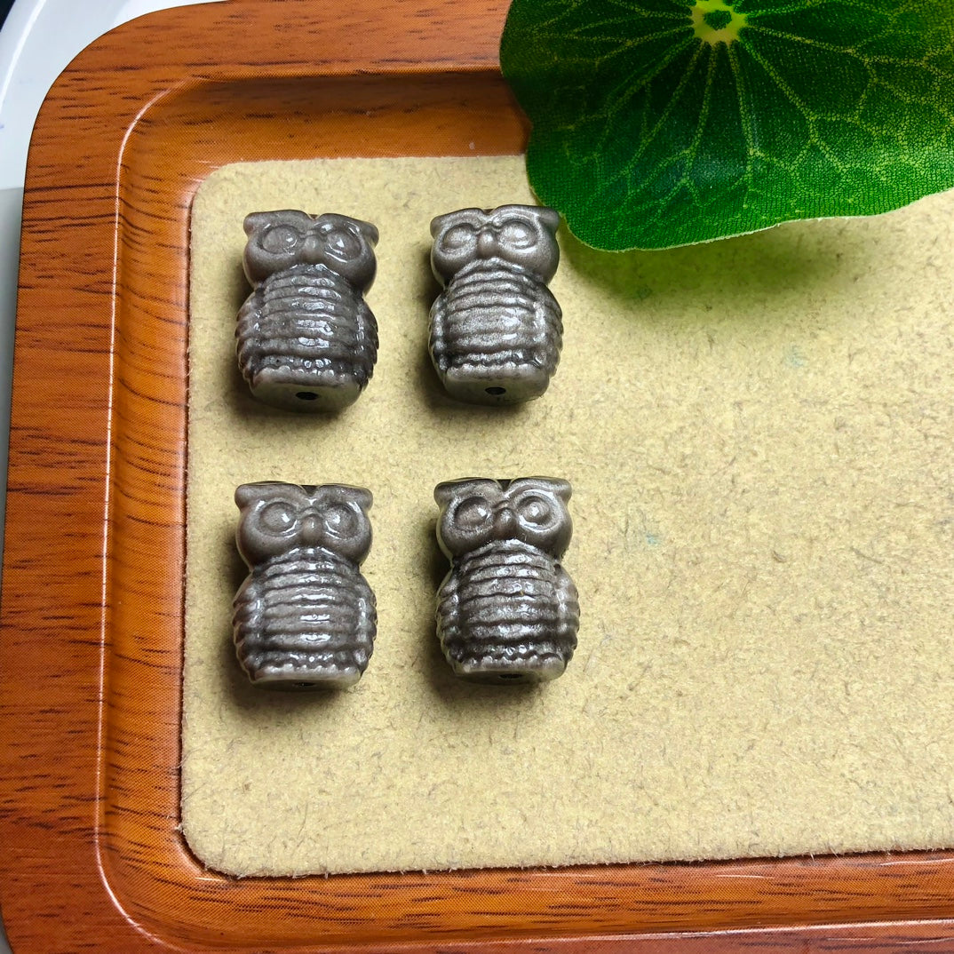 Silver Sheen Obsidian Owl Beads Pendants