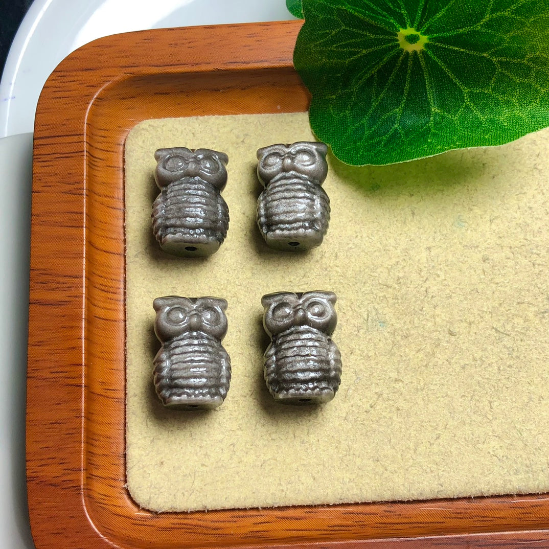 Silver Sheen Obsidian Owl Beads Pendants