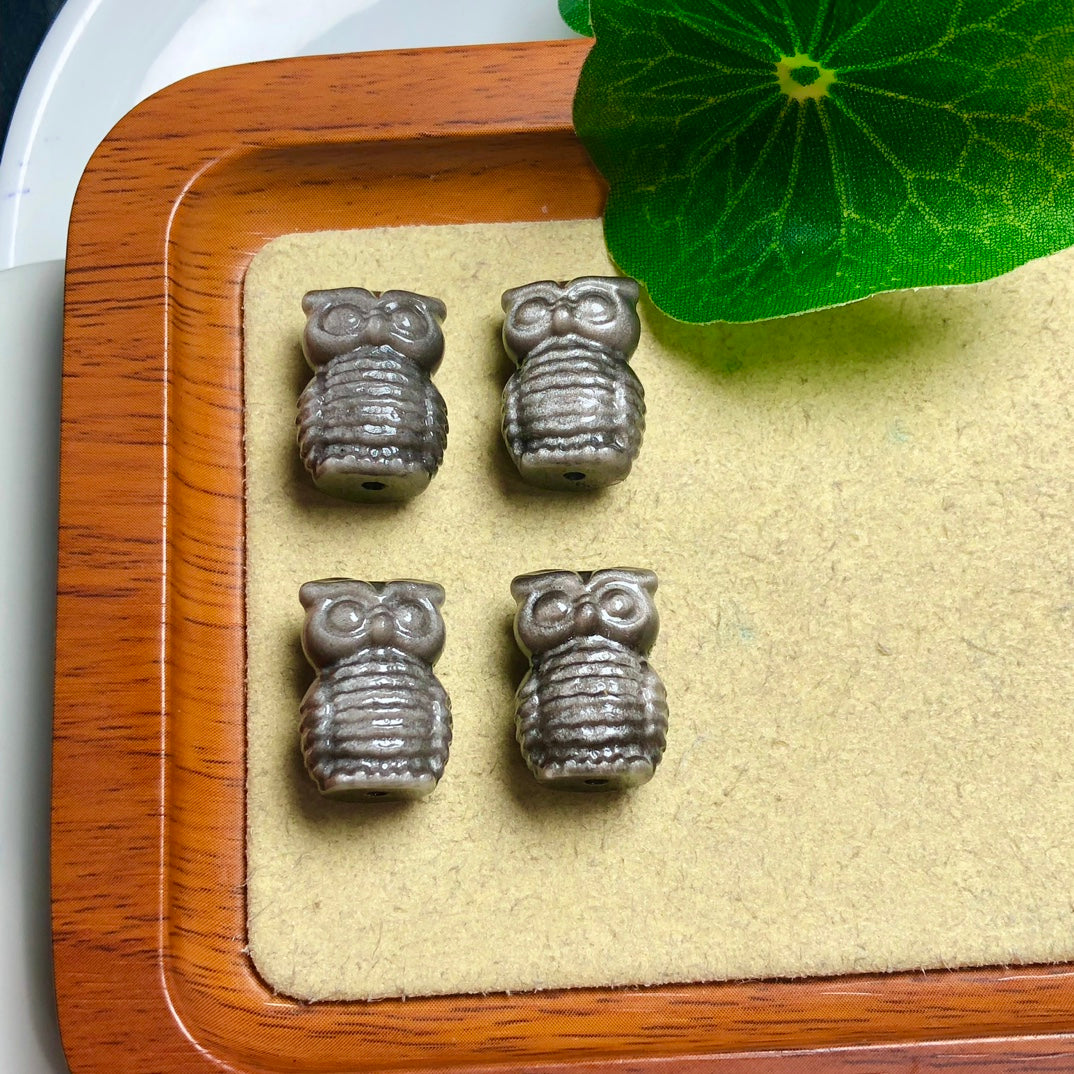 Silver Sheen Obsidian Owl Beads Pendants