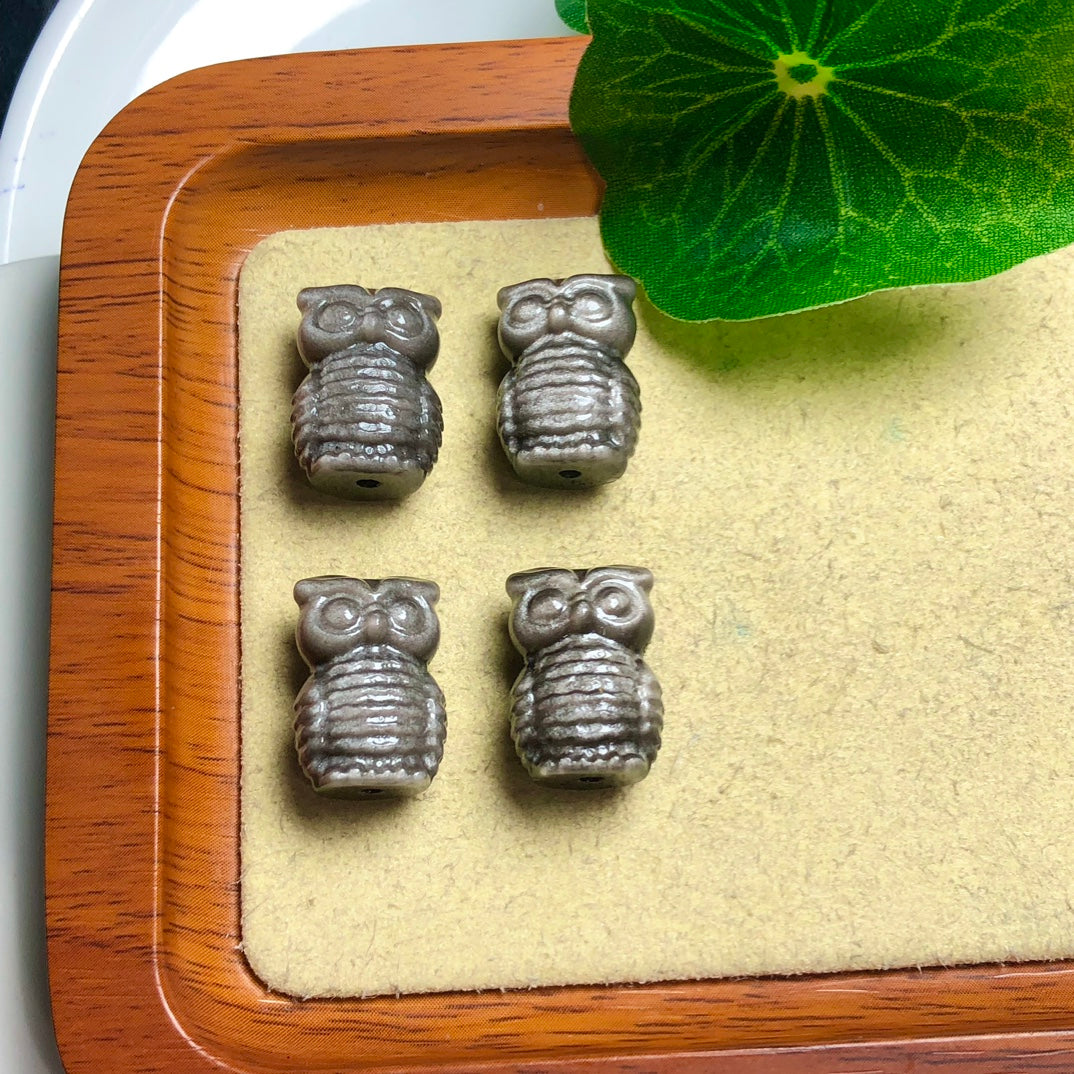 Silver Sheen Obsidian Owl Beads Pendants