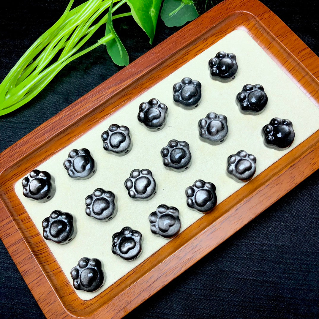 Silver Sheen Obsidian Cat Pawprint Beads