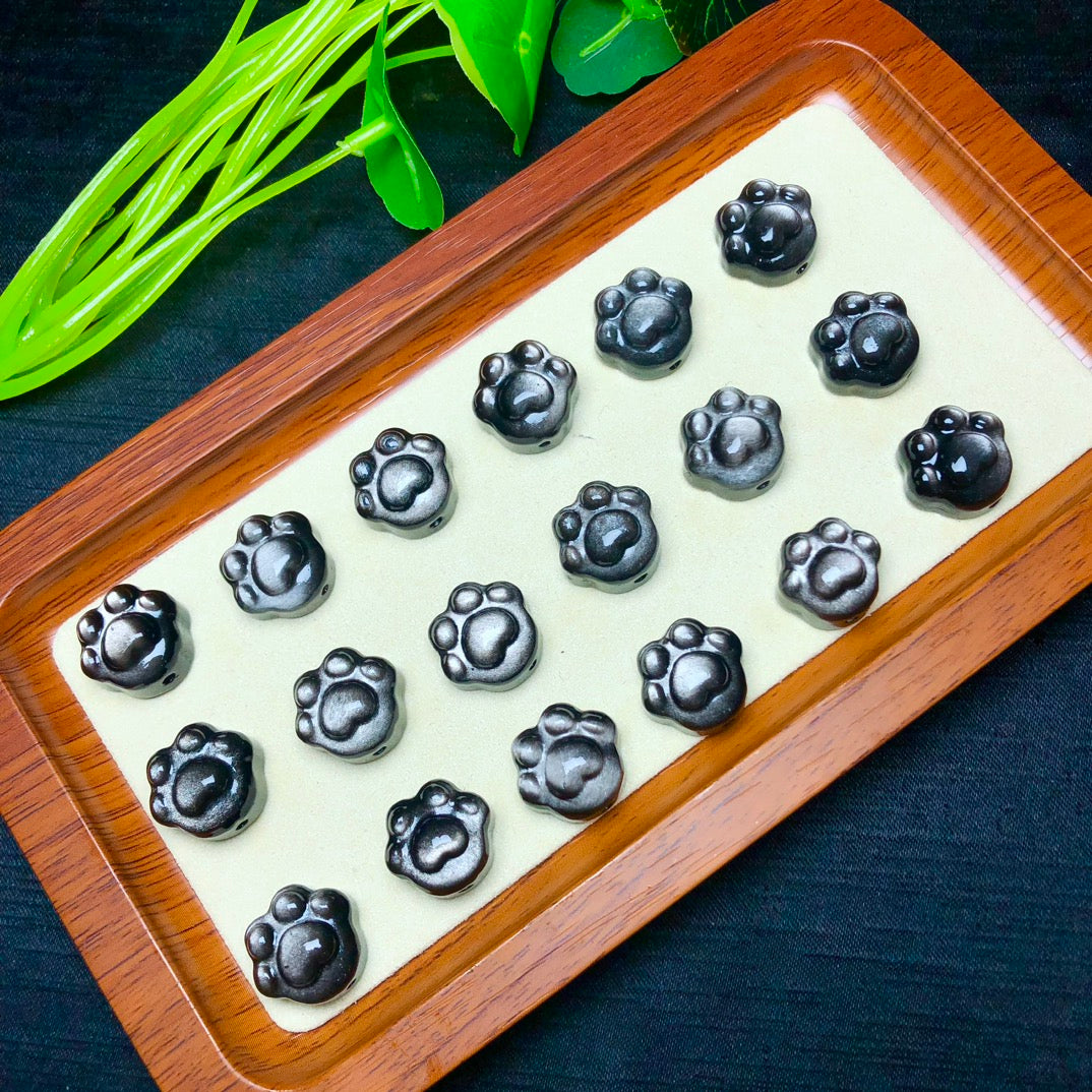 Silver Sheen Obsidian Cat Pawprint Beads