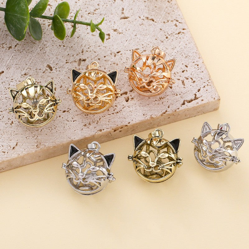 Cat Head Metal Sphere Holder Necklace Perfume Pendant