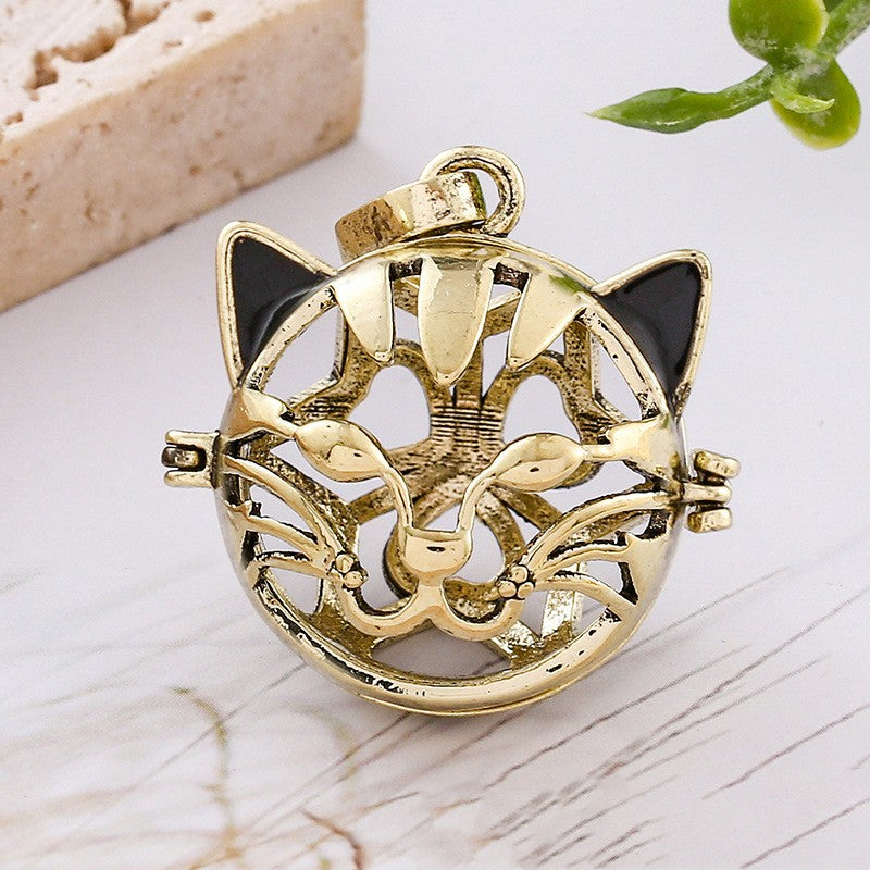 Cat Head Metal Sphere Holder Necklace Perfume Pendant