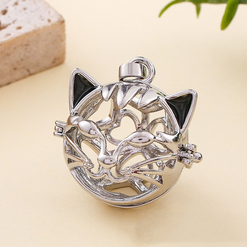 Cat Head Metal Sphere Holder Necklace Perfume Pendant