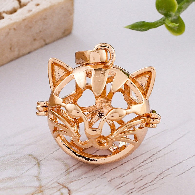 Cat Head Metal Sphere Holder Necklace Perfume Pendant