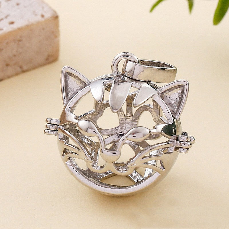 Cat Head Metal Sphere Holder Necklace Perfume Pendant