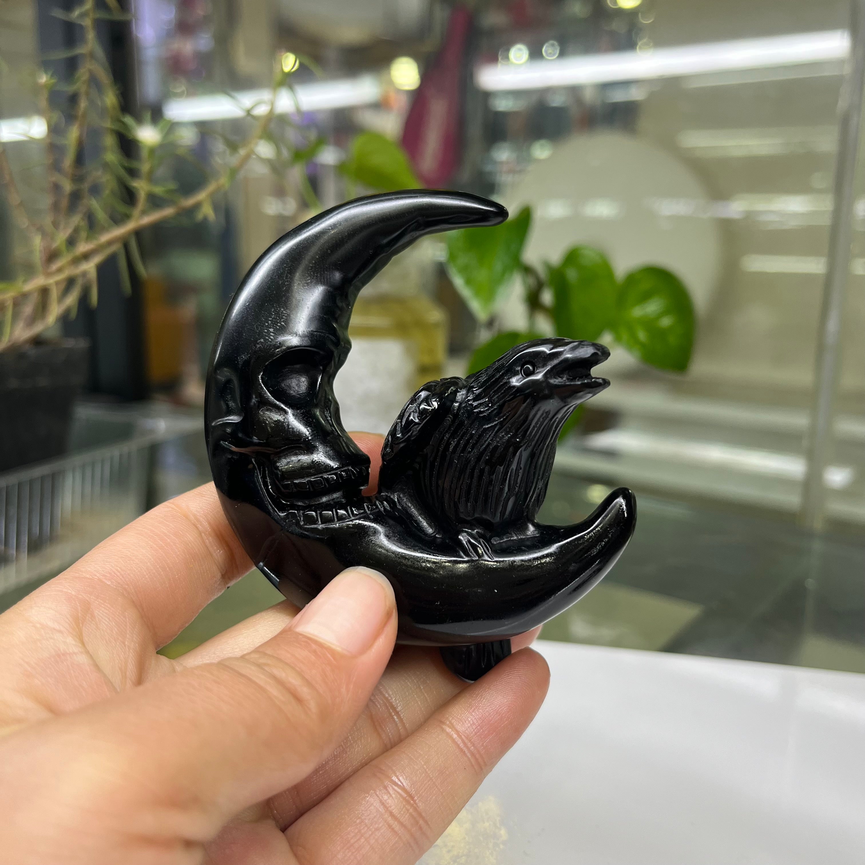 Black Obsidian Raven on Moon Carving