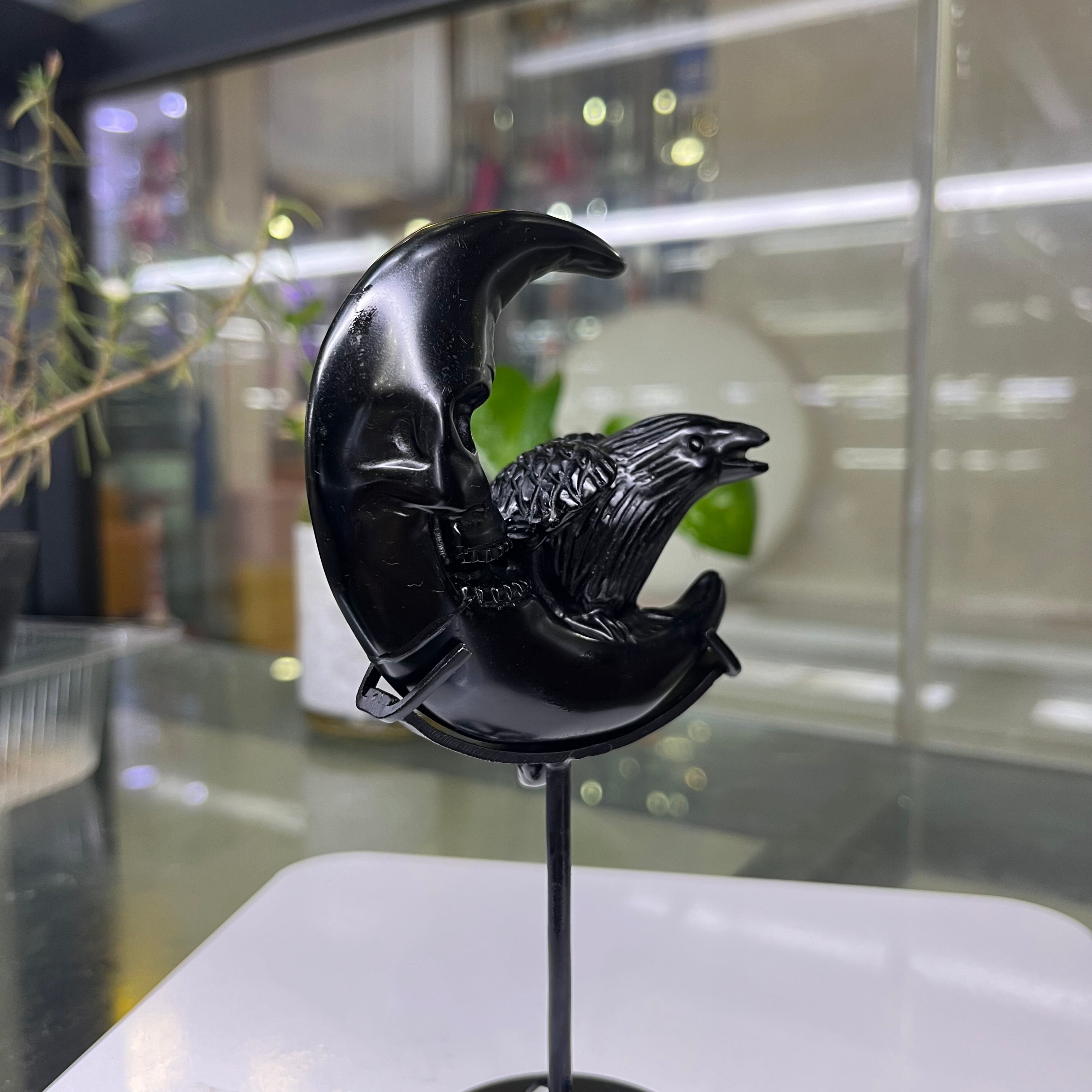 Black Obsidian Raven on Moon Carving