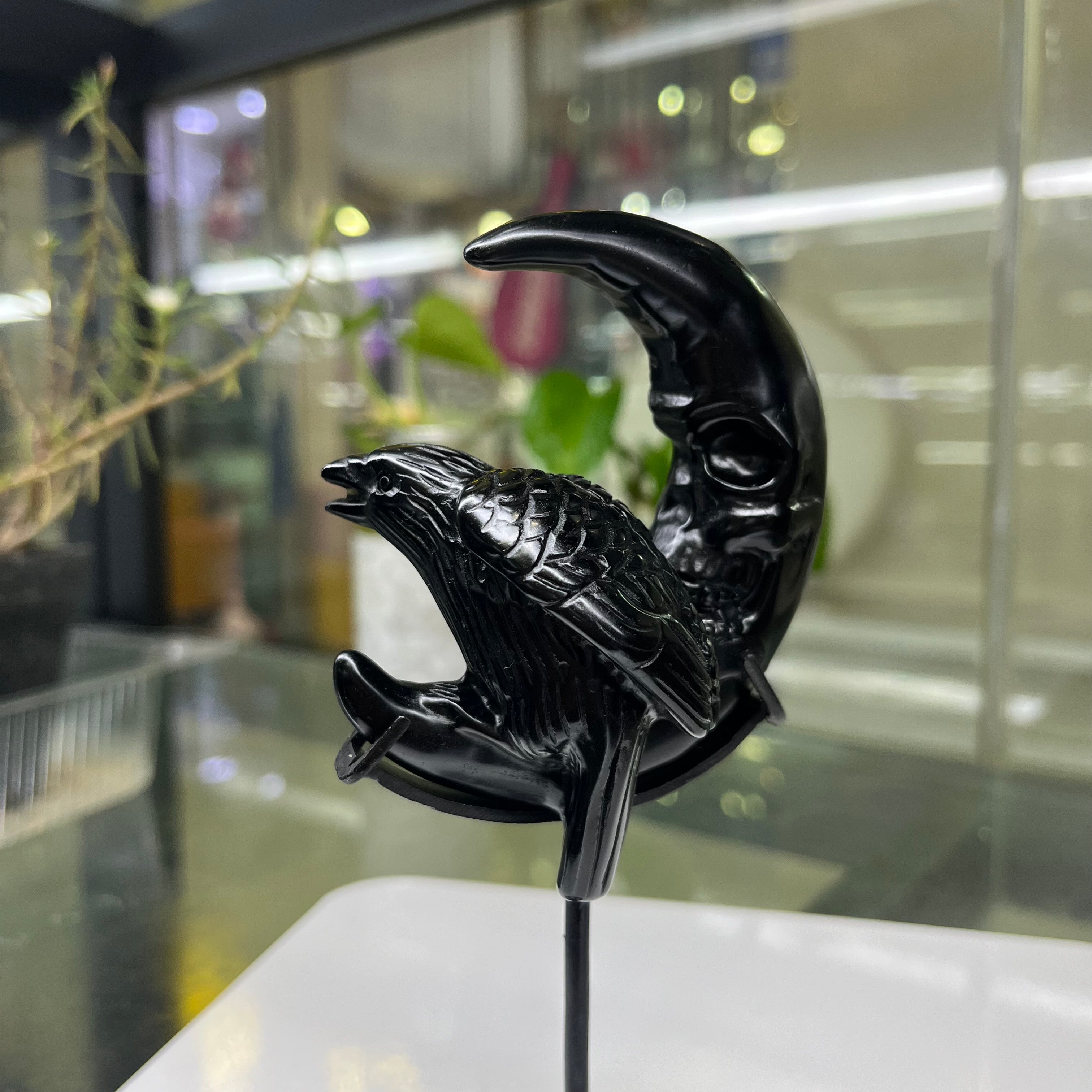 Black Obsidian Raven on Moon Carving