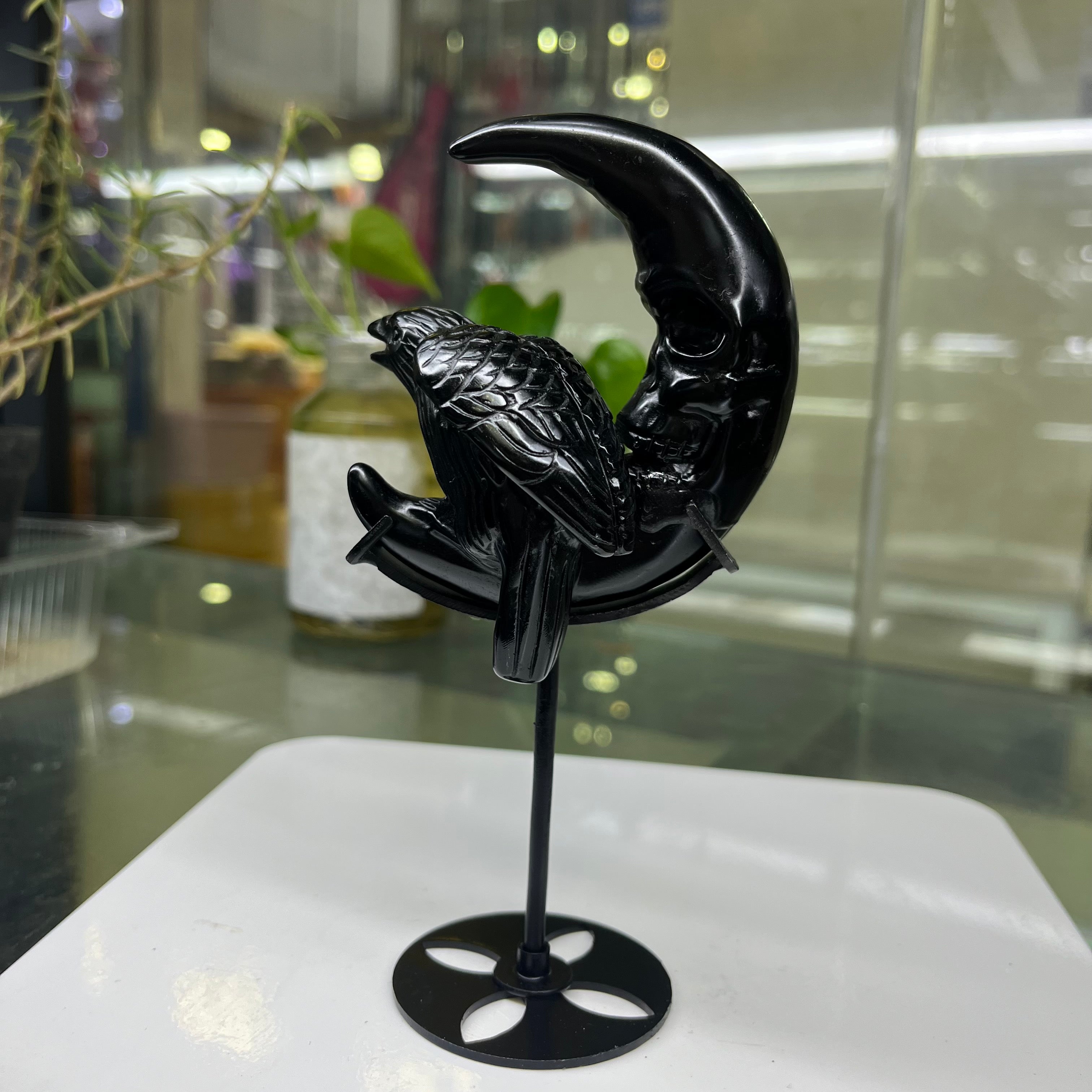 Black Obsidian Raven on Moon Carving