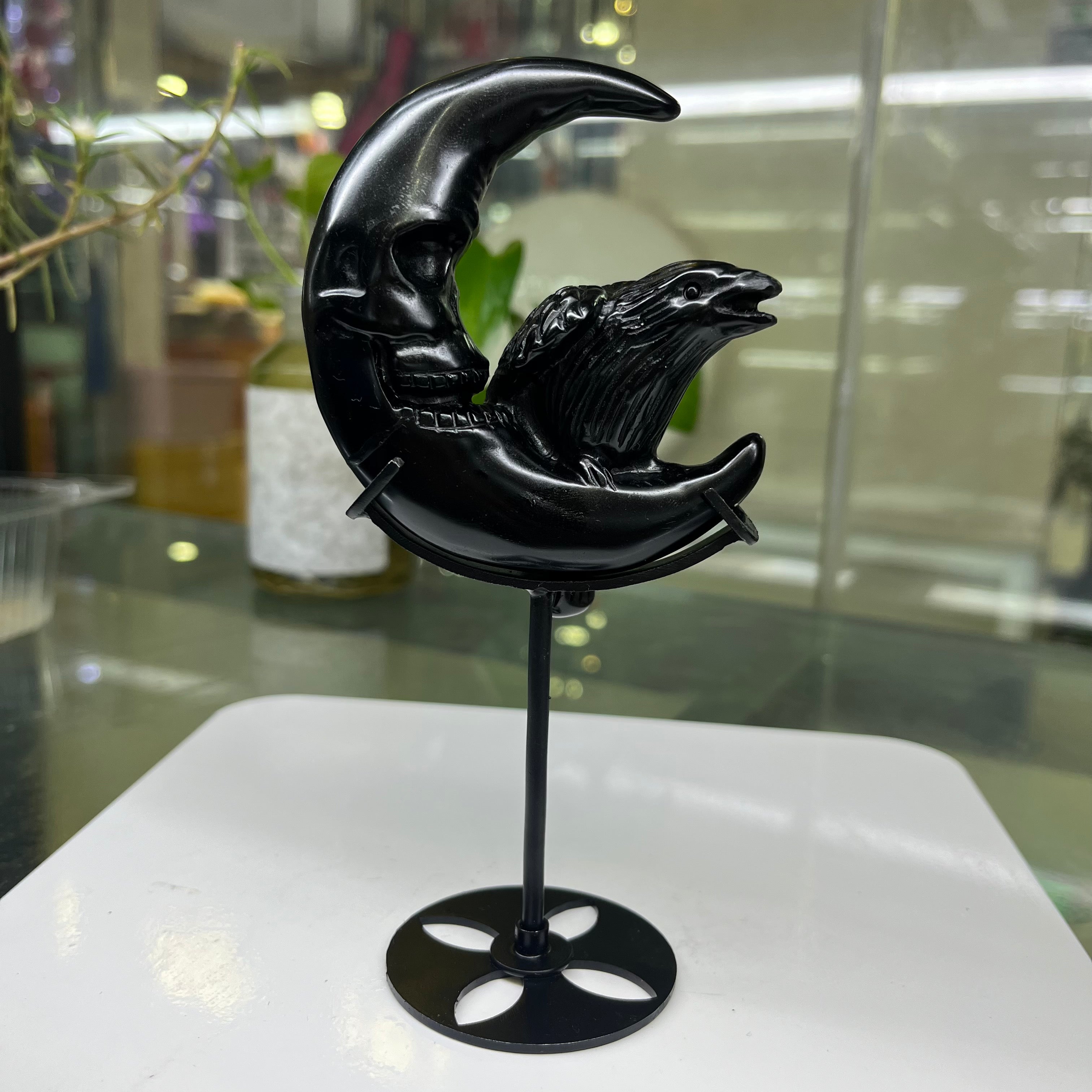 Black Obsidian Raven on Moon Carving
